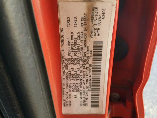 5TEGN92N04Z399396 - 2004 TOYOTA TACOMA DOU RED photo 10