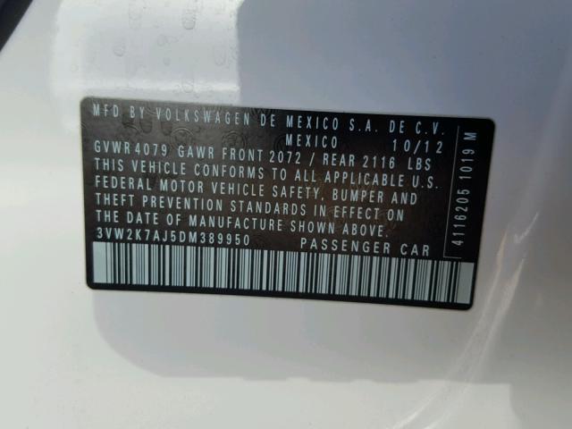 3VW2K7AJ5DM389950 - 2013 VOLKSWAGEN JETTA BASE 白色 照片 10