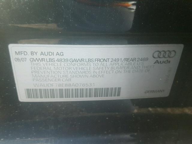 WAUDF78E88A076531 - 2008 AUDI A4 2.0T QU BLACK photo 10