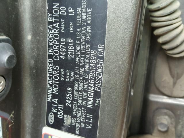 KNAGN4A67B5148918 - 2011 KIA OPTIMA EX CHARCOAL photo 10