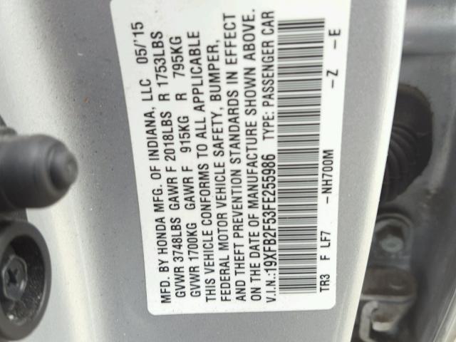 19XFB2F53FE255986 - 2015 HONDA CIVIC LX SILVER photo 10