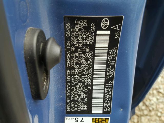 JTDKB20U867506970 - 2006 TOYOTA PRIUS BLUE photo 10