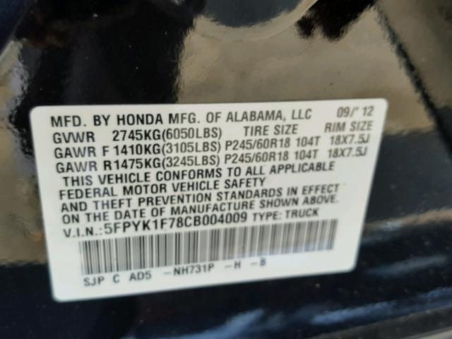 5FPYK1F78CB004009 - 2012 HONDA RIDGELINE BLACK photo 10