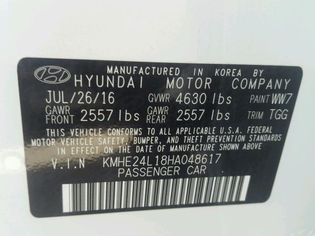 KMHE24L18HA048617 - 2017 HYUNDAI SONATA HYB WHITE photo 10