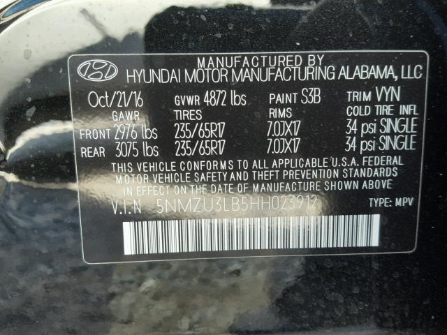 5NMZU3LB5HH023912 - 2017 HYUNDAI SANTA FE S 黑色 照片 10