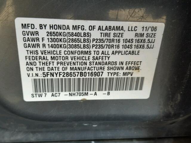 5FNYF28657B016907 - 2007 HONDA PILOT EXL GRAY photo 10