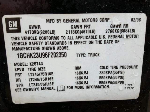 1GCHK23U96F202350 - 2006 CHEVROLET SILVERADO BLACK photo 10