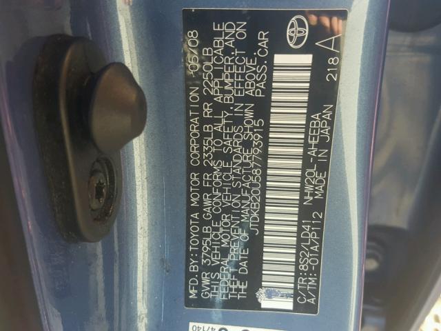 JTDKB20U587793915 - 2008 TOYOTA PRIUS BLUE photo 10