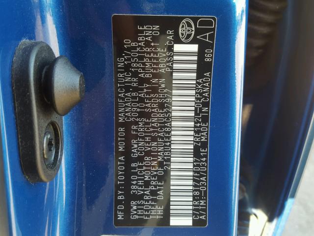 2T1BU4EE8AC527977 - 2010 TOYOTA COROLLA BA BLUE photo 10