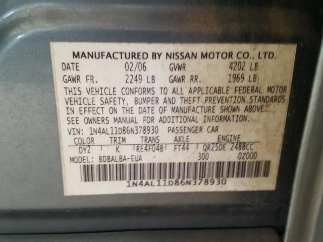 1N4AL11D86N378930 - 2006 NISSAN ALTIMA S GREEN photo 10