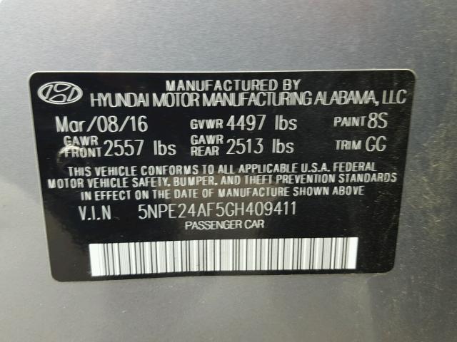 5NPE24AF5GH409411 - 2016 HYUNDAI SONATA SILVER photo 10