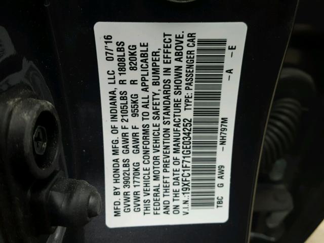 19XFC1F71GE034252 - 2016 HONDA CIVIC EXL 灰色 照片 10