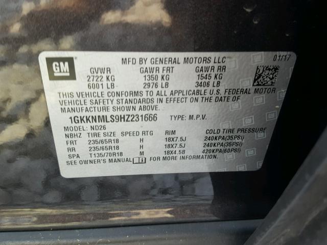 1GKKNMLS9HZ231666 - 2017 GMC ACADIA SLT 石墨色 照片 10