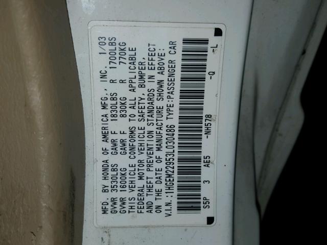 1HGEM22953L030486 - 2003 HONDA CIVIC EX WHITE photo 10