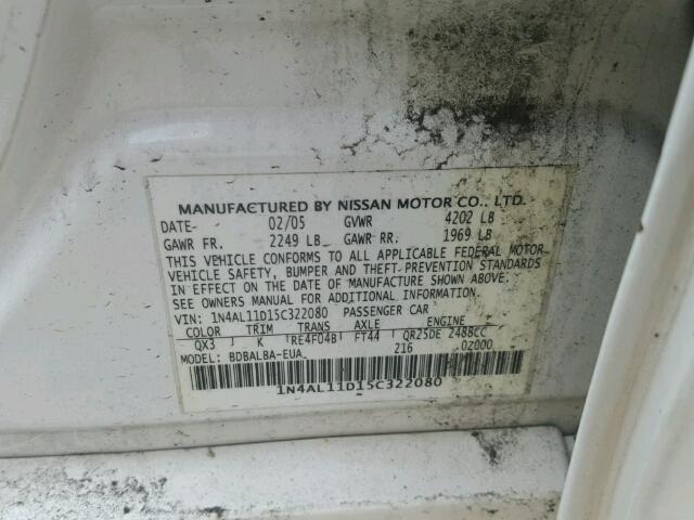 1N4AL11D15C322080 - 2005 NISSAN ALTIMA WHITE photo 10