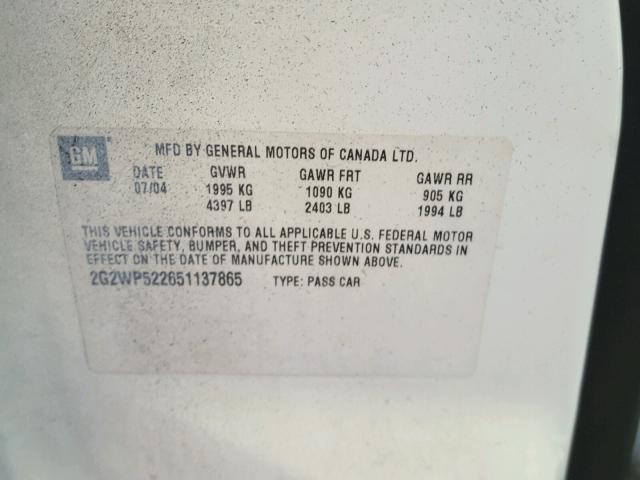 2G2WP522651137865 - 2005 PONTIAC GRAND PRIX BLUE photo 10