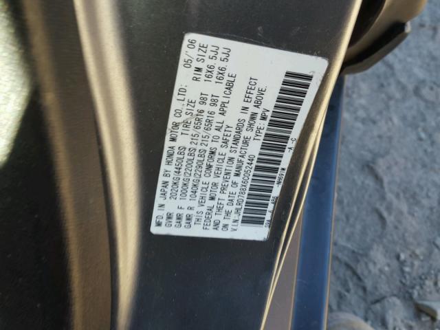 JHLRD788X6C052440 - 2006 HONDA CR-V EX ვერცხლისფერი ფოტო 10