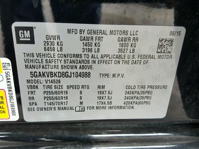 5GAKVBKD8GJ104988 - 2016 BUICK ENCLAVE BLACK photo 10