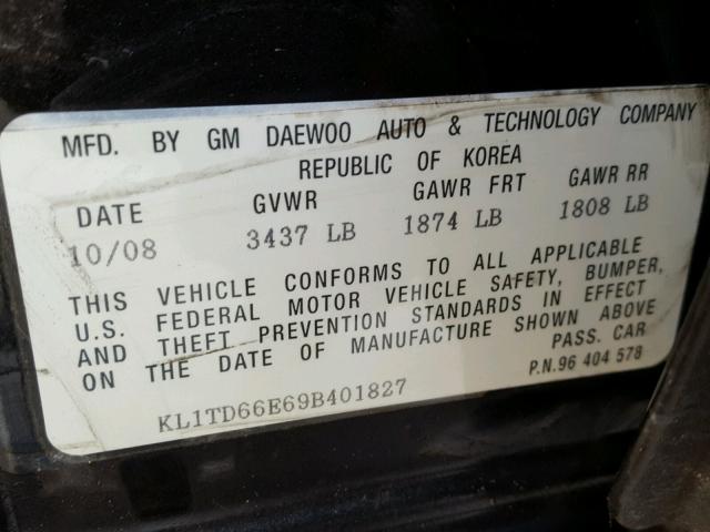 KL1TD66E69B401827 - 2009 CHEVROLET AVEO LS BLACK photo 10