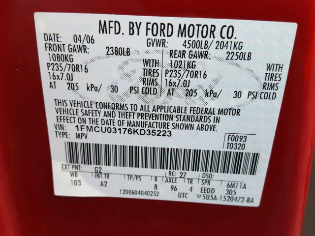 1FMCU03176KD35223 - 2006 FORD ESCAPE XLT RED photo 10