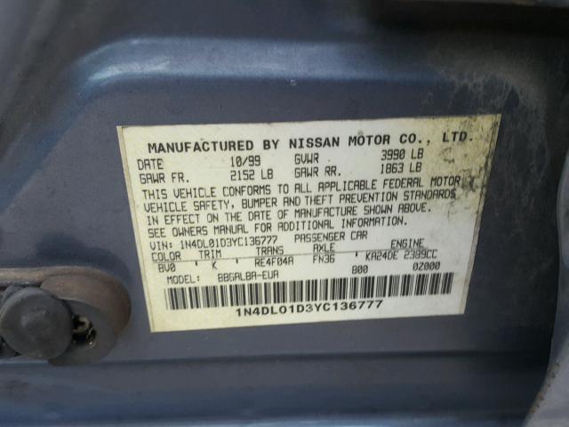 1N4DL01D3YC136777 - 2000 NISSAN ALTIMA XE BLUE photo 10