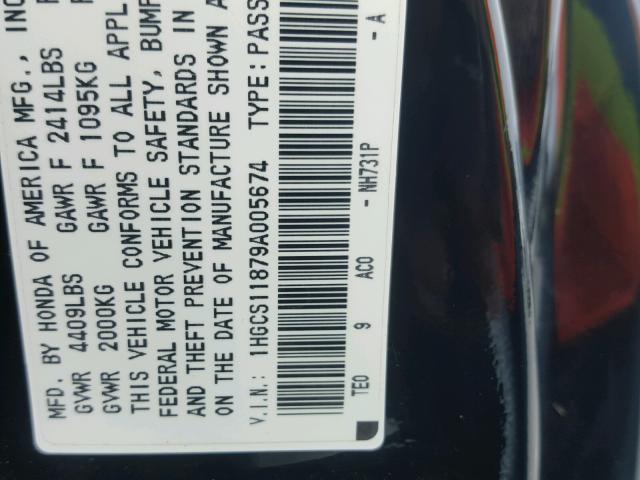 1HGCS11879A005674 - 2009 HONDA ACCORD EXL BLACK photo 10