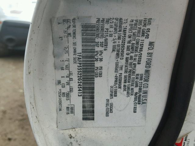 1FAFP55S22G245413 - 2002 FORD TAURUS SES Blanc photo 10