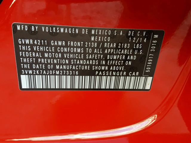 3VW2K7AJ0FM273316 - 2015 VOLKSWAGEN JETTA BASE RED photo 10