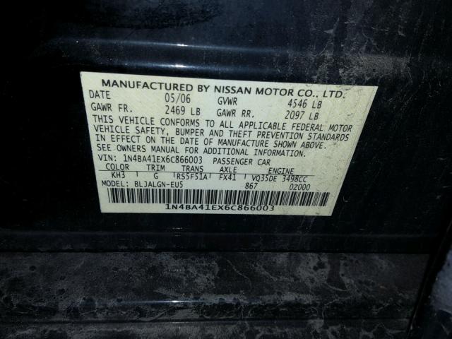 1N4BA41EX6C866003 - 2006 NISSAN MAXIMA SE BLACK photo 10