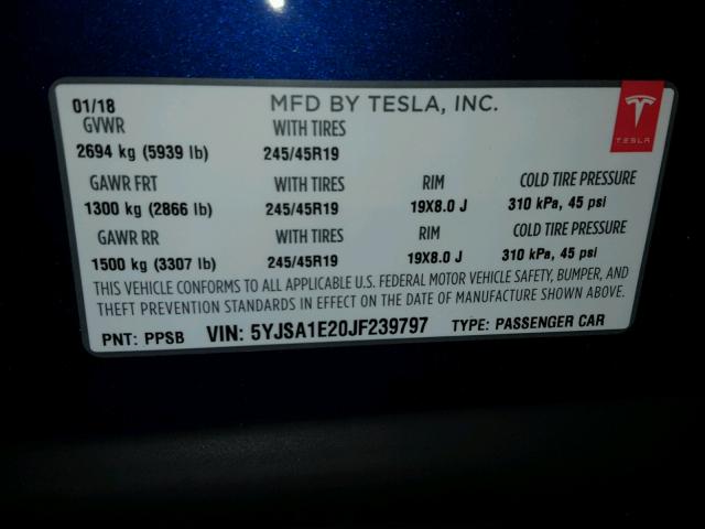5YJSA1E20JF239797 - 2018 TESLA MODEL S BLUE photo 10