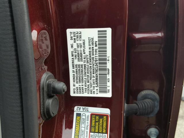 5J6RM4H78CL047911 - 2012 HONDA CR-V EXL MAROON photo 10