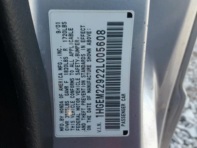 1HGEM22922L005608 - 2002 HONDA CIVIC EX SILVER photo 10