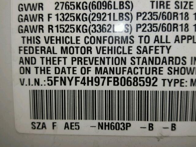 5FNYF4H97FB068592 - 2015 HONDA PILOT TOUR WHITE photo 10