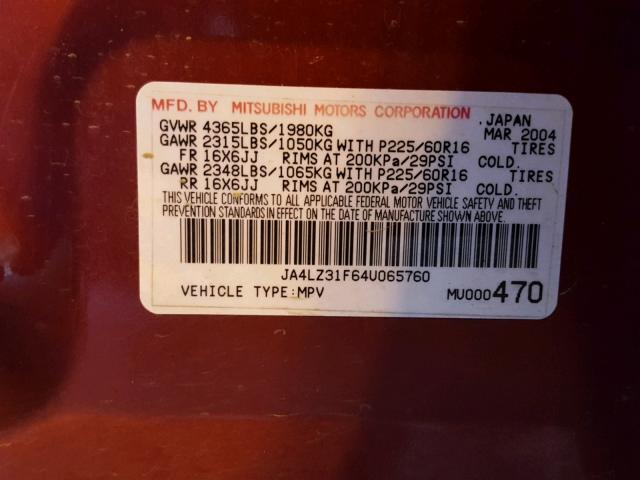 JA4LZ31F64U065760 - 2004 MITSUBISHI OUTLANDER RED photo 10