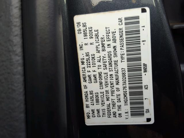 1HGCM56767A026837 - 2007 HONDA ACCORD CHARCOAL photo 10