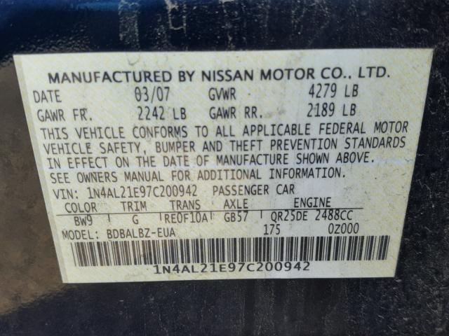 1N4AL21E97C200942 - 2007 NISSAN ALTIMA 2.5 BLUE photo 10