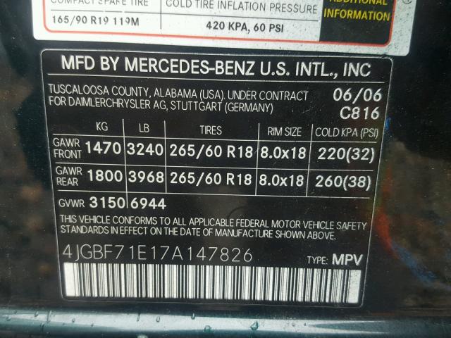 4JGBF71E17A147826 - 2007 MERCEDES-BENZ GL 450 4MA GREEN photo 10