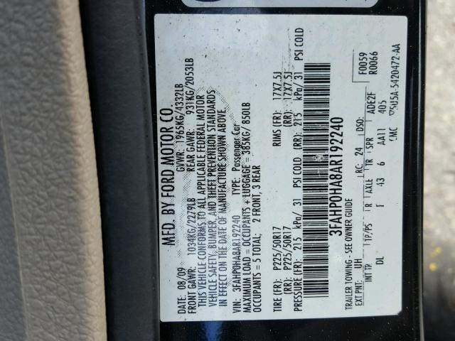 3FAHP0HA8AR192240 - 2010 FORD FUSION BLACK photo 10