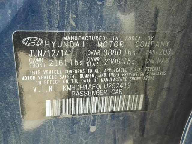 KMHDH4AE0FU252419 - 2015 HYUNDAI ELANTRA SE BLUE photo 10