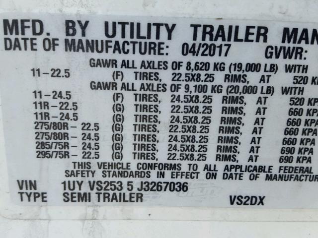 1UYVS2535J3267036 - 2018 UTILITY TRAILER WHITE photo 10