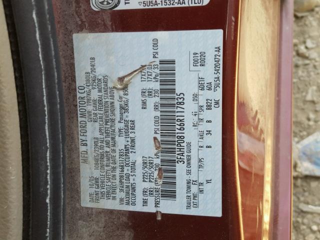 3FAHP08166R117835 - 2006 FORD FUSION SEL MAROON photo 10