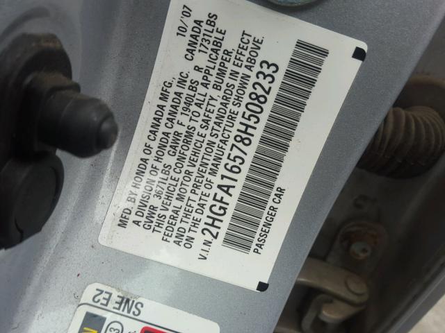 2HGFA16578H508233 - 2008 HONDA CIVIC LX SILVER photo 10