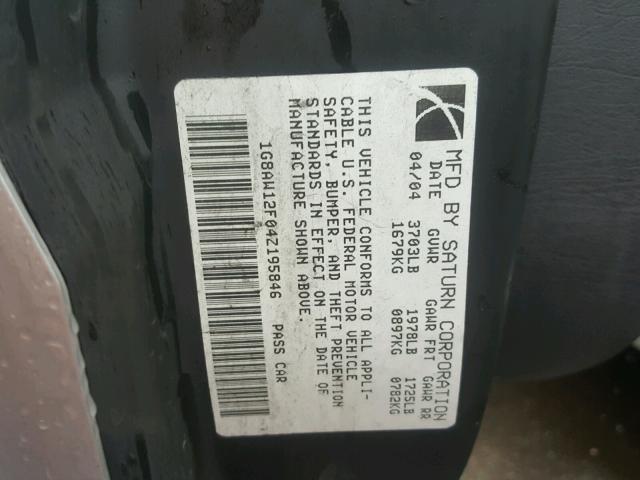 1G8AW12F04Z195846 - 2004 SATURN ION LEVEL SILVER photo 10