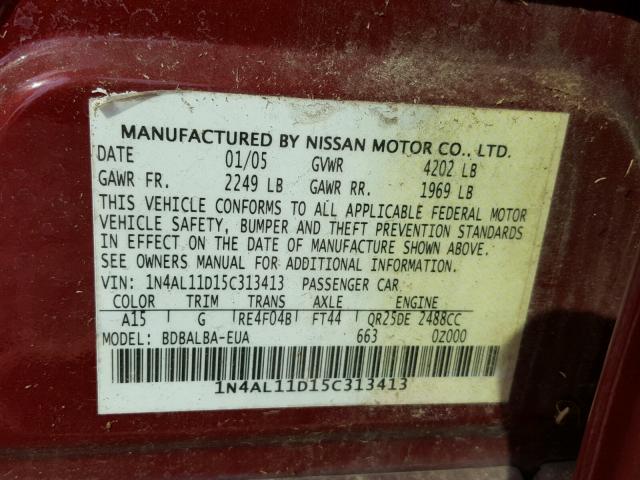 1N4AL11D15C313413 - 2005 NISSAN ALTIMA S MAROON photo 10