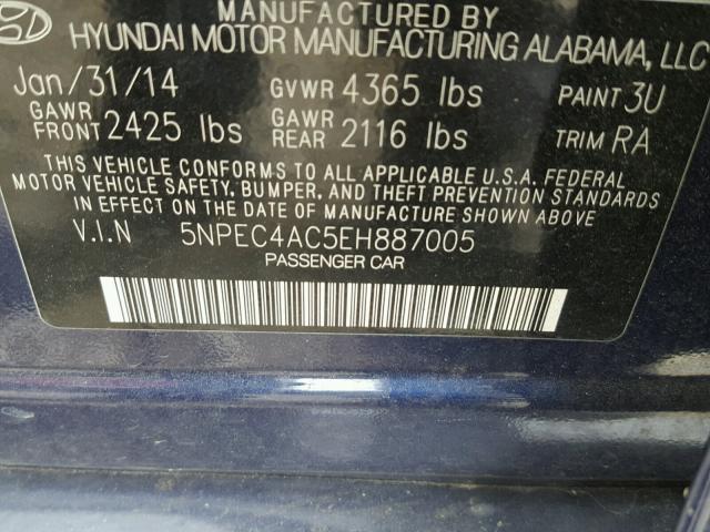 5NPEC4AC5EH887005 - 2014 HYUNDAI SONATA SE BLUE photo 10