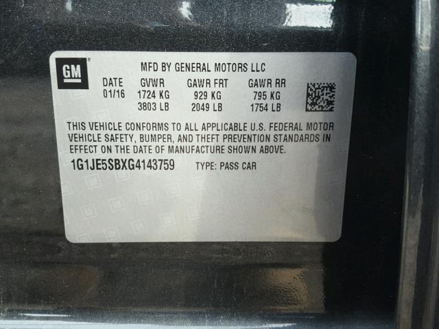 1G1JE5SBXG4143759 - 2016 CHEVROLET SONIC GRAY photo 10