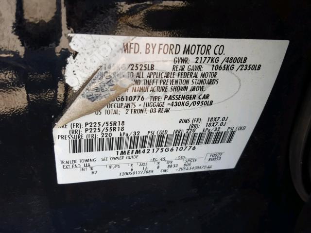 1MEFM42175G610776 - 2005 MERCURY MONTEGO PR BLACK photo 10