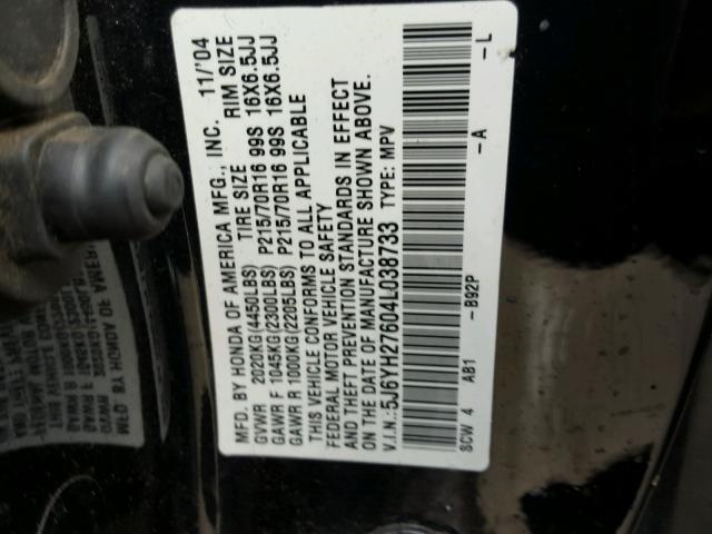 5J6YH27604L038733 - 2004 HONDA ELEMENT BLACK photo 10