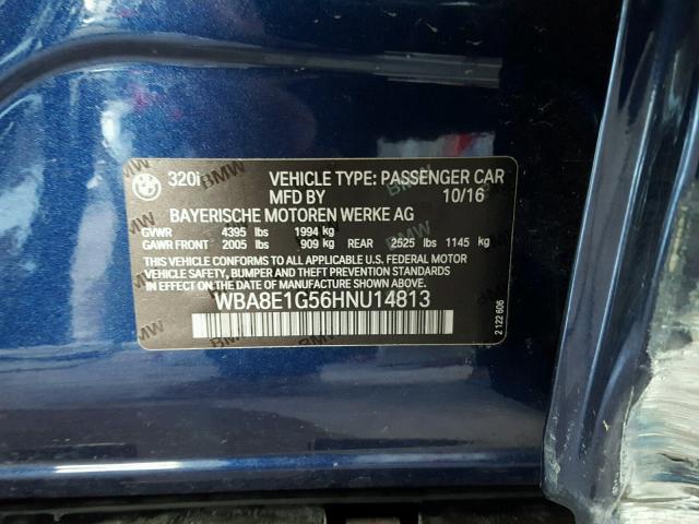 WBA8E1G56HNU14813 - 2017 BMW 320 I BLUE photo 10