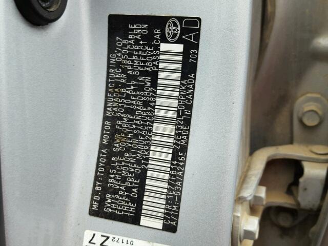 2T1KR32E37C674877 - 2007 TOYOTA COROLLA MA SILVER photo 10